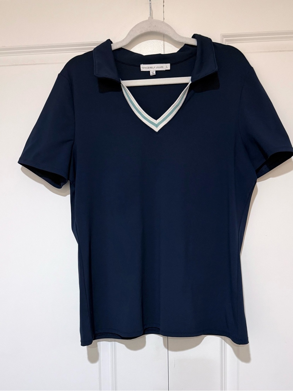 Sincerely Jules Navy Short-Sleeve V-Neck Polo Top with White & Teal Trim